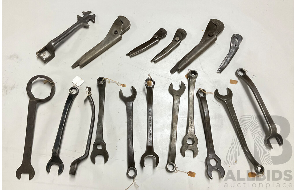 Collection of Antique and Vintage Spanners, Combination Spanner and Pliers Including Ford, King Dick and Foot Print