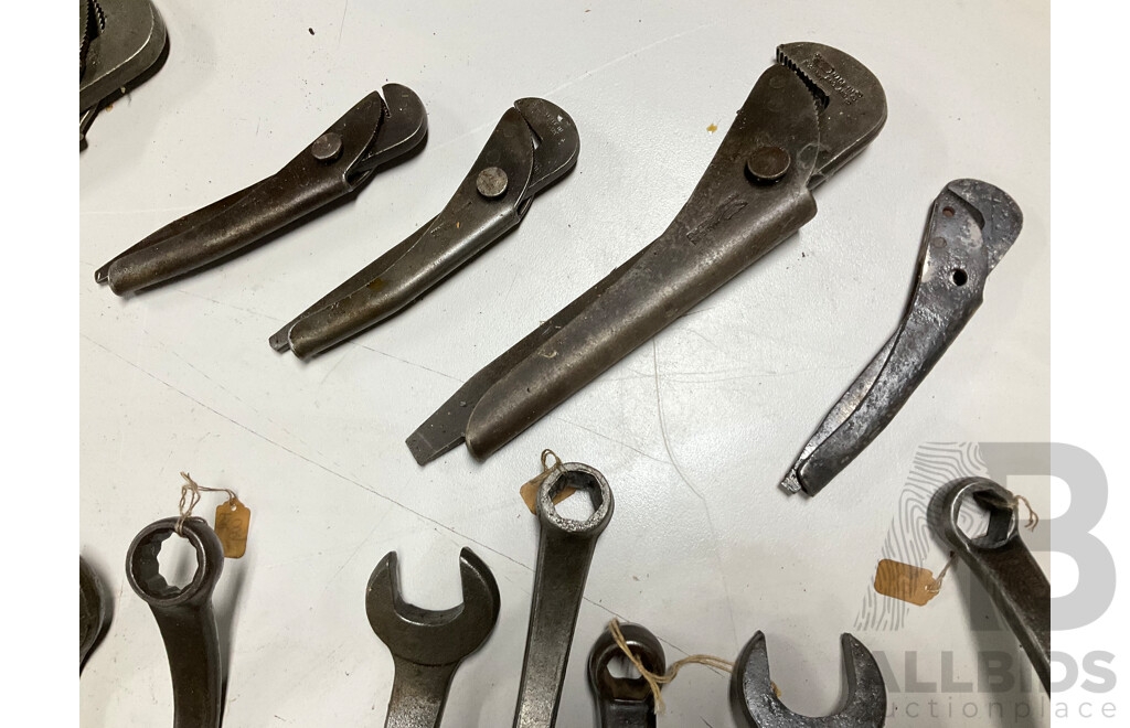 Collection of Antique and Vintage Spanners, Combination Spanner and Pliers Including Ford, King Dick and Foot Print