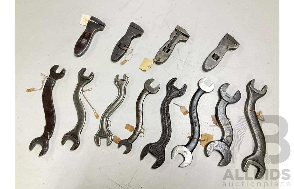 Collection of Vintage 'S' Spanners, Imperial/Whitworth, Most Made in USA with Four Small Adjustable Wrenches Including Richards Bros & Sons Tent Sheffield, Solo Steel, Billings