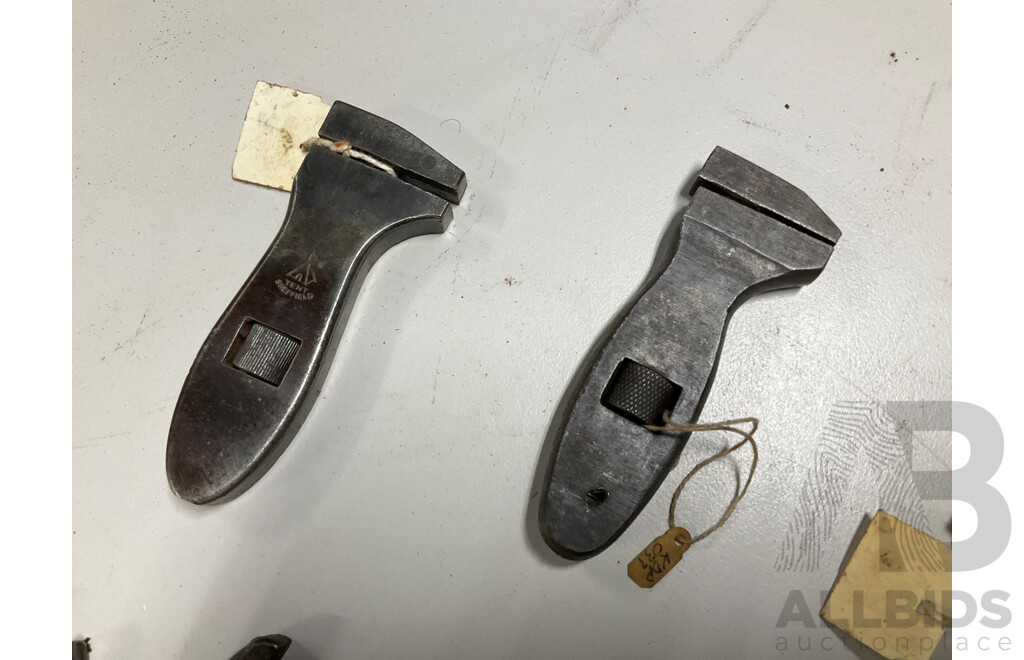 Collection of Vintage 'S' Spanners, Imperial/Whitworth, Most Made in USA with Four Small Adjustable Wrenches Including Richards Bros & Sons Tent Sheffield, Solo Steel, Billings