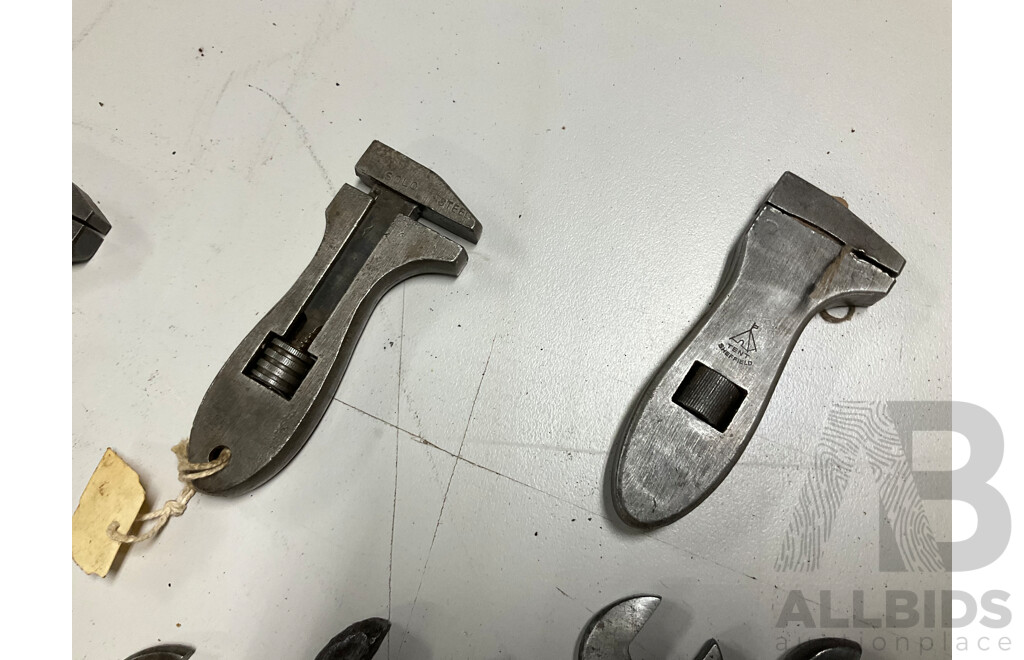 Collection of Vintage 'S' Spanners, Imperial/Whitworth, Most Made in USA with Four Small Adjustable Wrenches Including Richards Bros & Sons Tent Sheffield, Solo Steel, Billings
