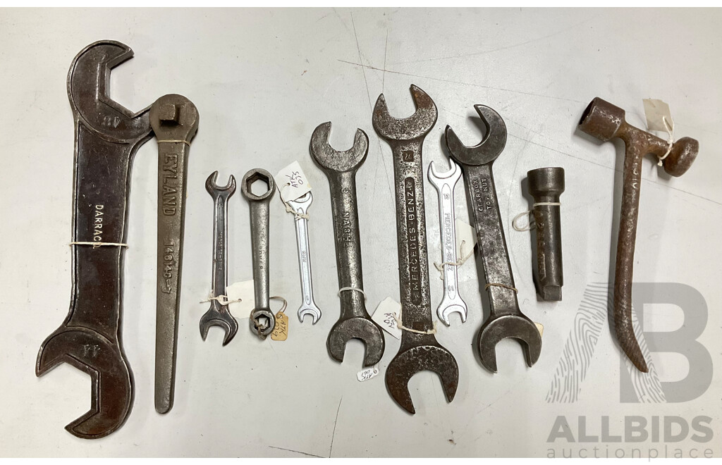 Collection of Antique and Vintage Automotive Spanners Including Mercedes Benz, BMW, Rover, Nash, Darracq, Leyland