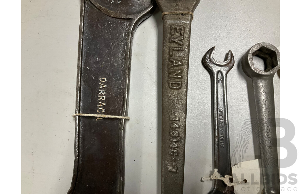 Collection of Antique and Vintage Automotive Spanners Including Mercedes Benz, BMW, Rover, Nash, Darracq, Leyland