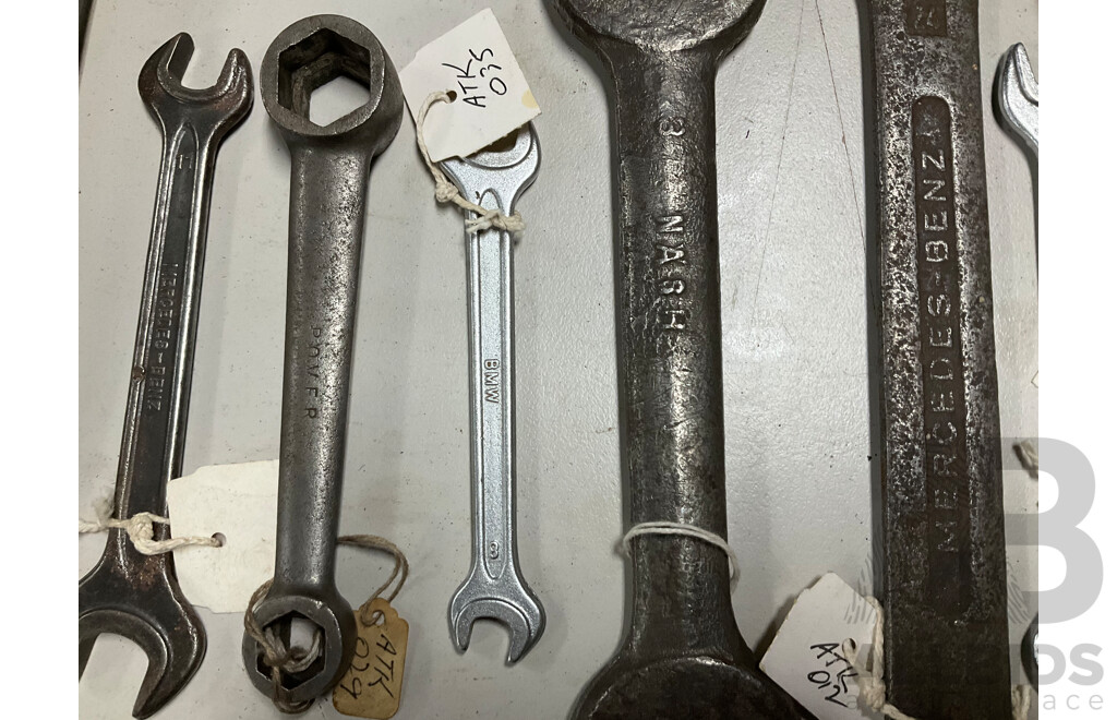 Collection of Antique and Vintage Automotive Spanners Including Mercedes Benz, BMW, Rover, Nash, Darracq, Leyland