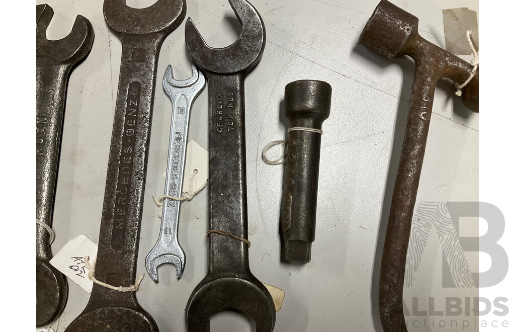 Collection of Antique and Vintage Automotive Spanners Including Mercedes Benz, BMW, Rover, Nash, Darracq, Leyland