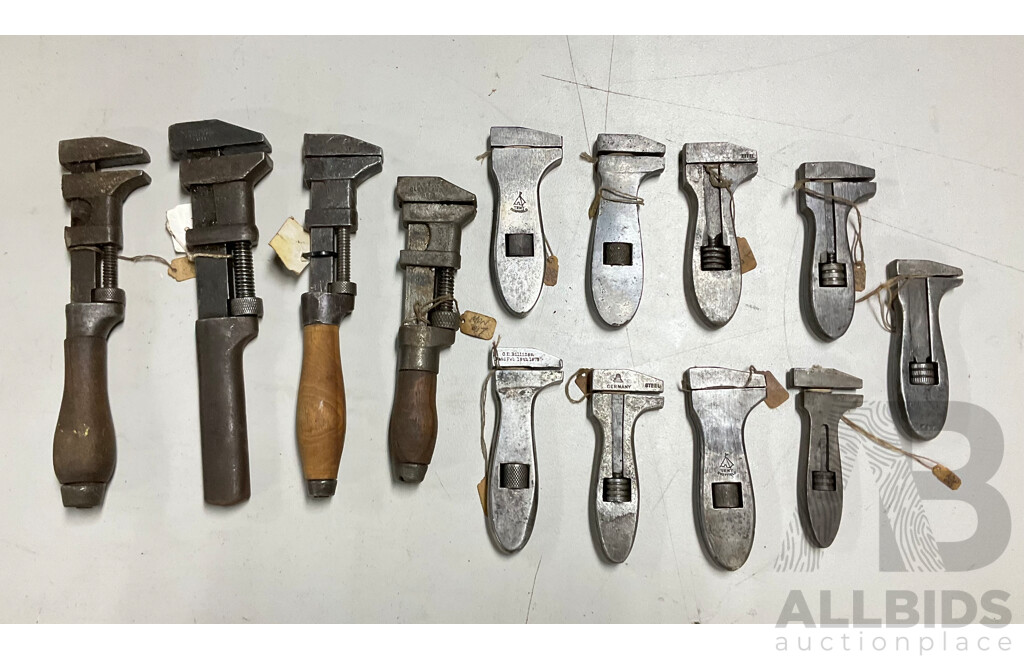 Collection of Small and Medium Antique and Vintage Adjustable Wrenches Including Billings & Spencer, Richards Bros & Sons, German Example and More