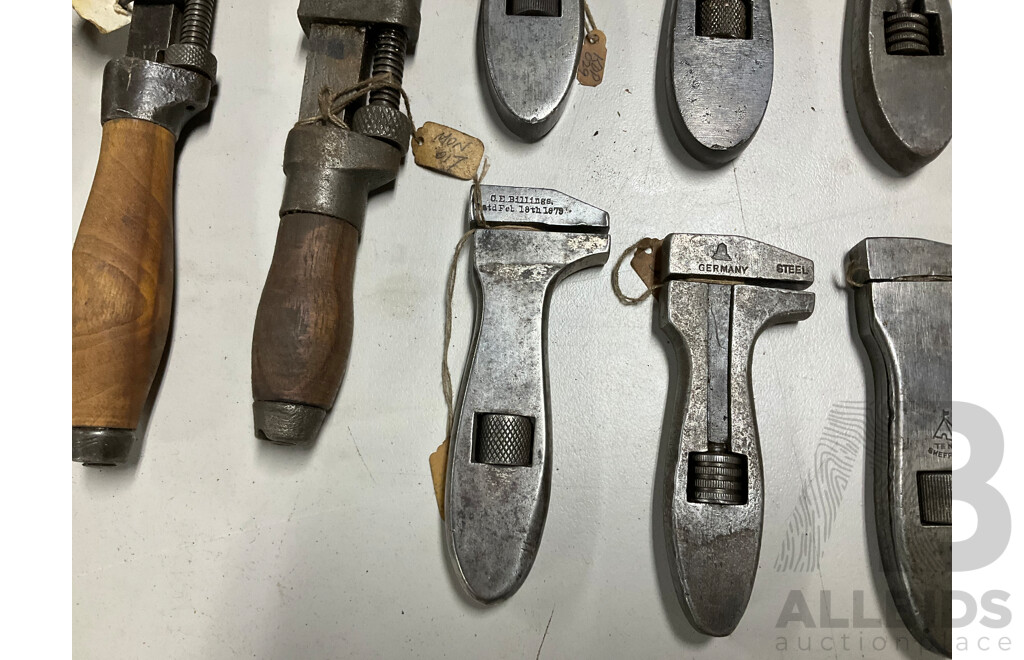 Collection of Small and Medium Antique and Vintage Adjustable Wrenches Including Billings & Spencer, Richards Bros & Sons, German Example and More