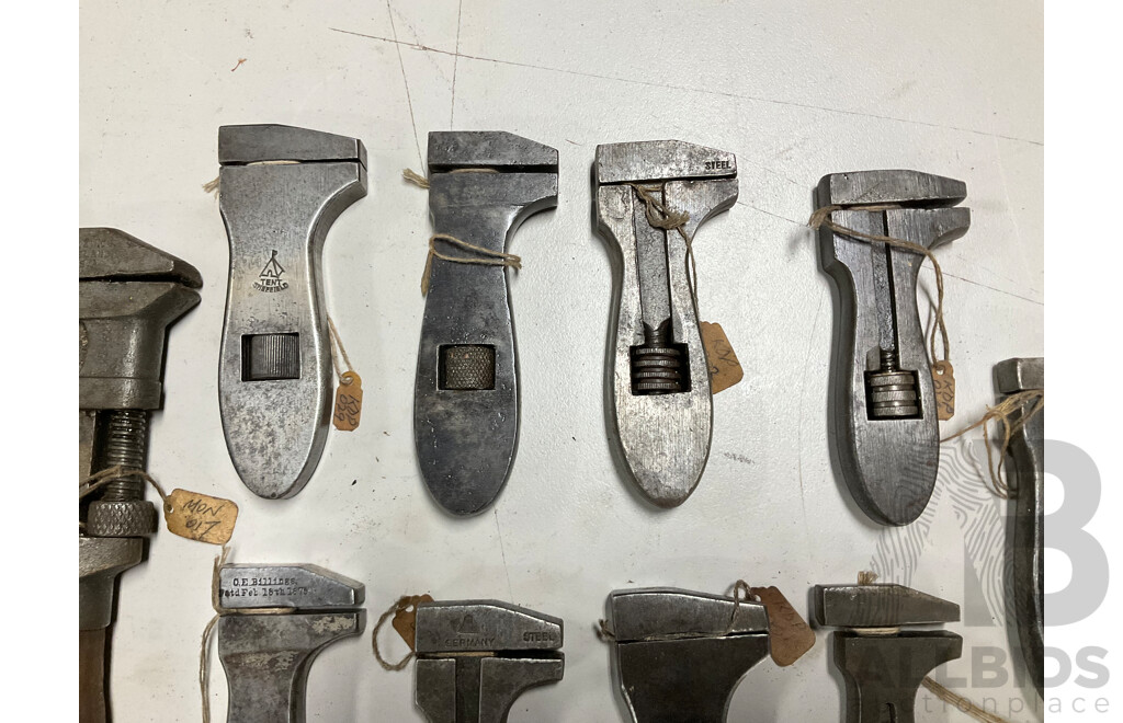 Collection of Small and Medium Antique and Vintage Adjustable Wrenches Including Billings & Spencer, Richards Bros & Sons, German Example and More
