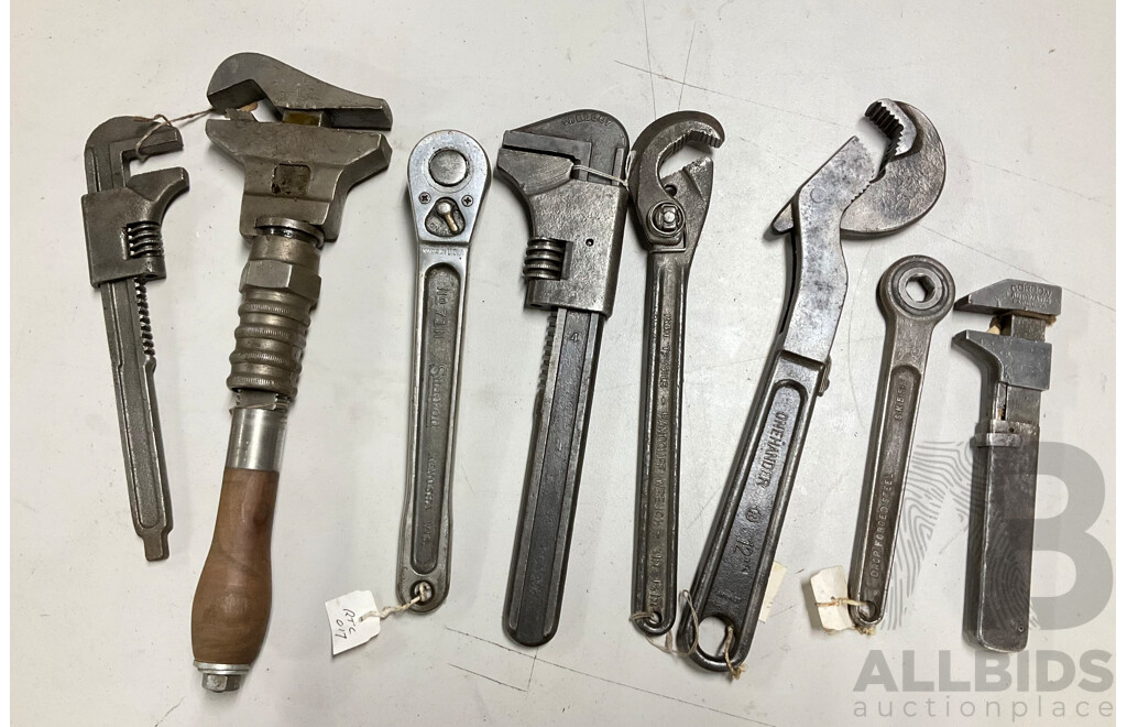 Assortment of Vintage and Antique Adjustable Wrenches and Ratchets Including Snap On, Handcuff Wrench, Gordon Automatic, One Hander, MFG Co