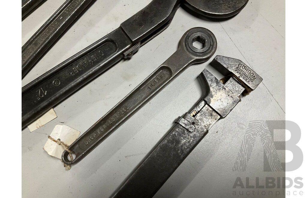 Assortment of Vintage and Antique Adjustable Wrenches and Ratchets Including Snap On, Handcuff Wrench, Gordon Automatic, One Hander, MFG Co