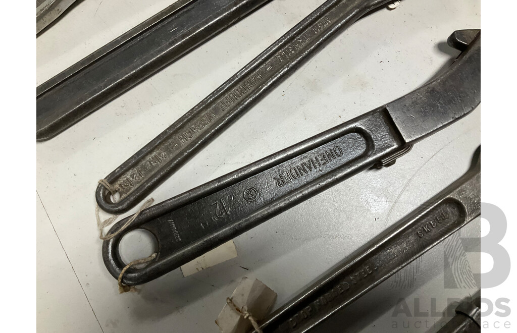 Assortment of Vintage and Antique Adjustable Wrenches and Ratchets Including Snap On, Handcuff Wrench, Gordon Automatic, One Hander, MFG Co