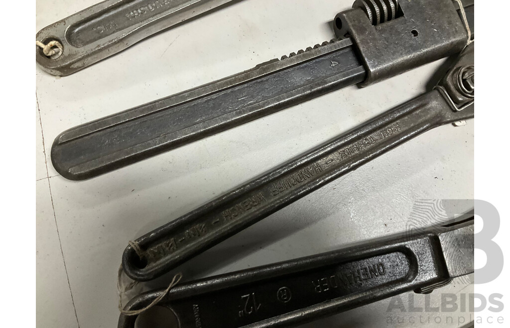 Assortment of Vintage and Antique Adjustable Wrenches and Ratchets Including Snap On, Handcuff Wrench, Gordon Automatic, One Hander, MFG Co