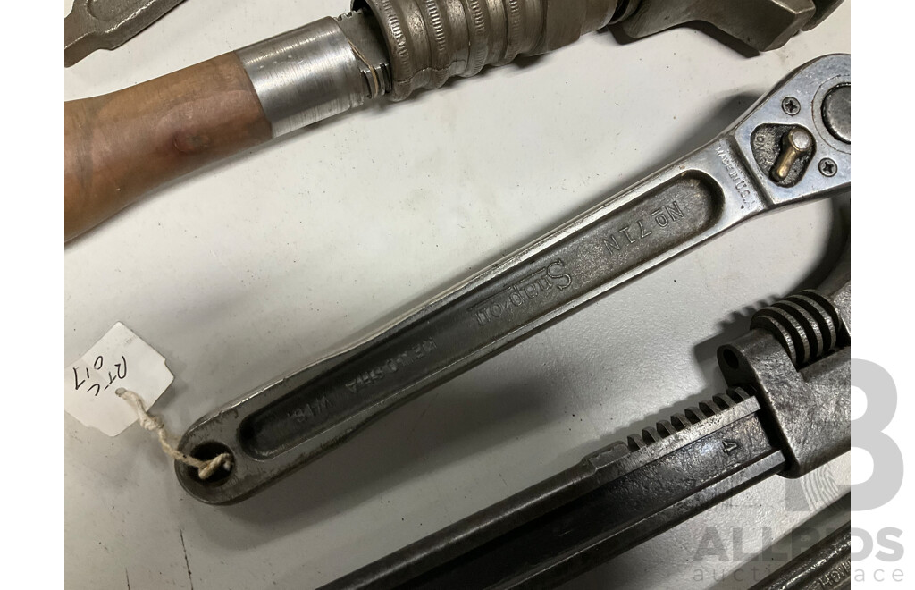 Assortment of Vintage and Antique Adjustable Wrenches and Ratchets Including Snap On, Handcuff Wrench, Gordon Automatic, One Hander, MFG Co
