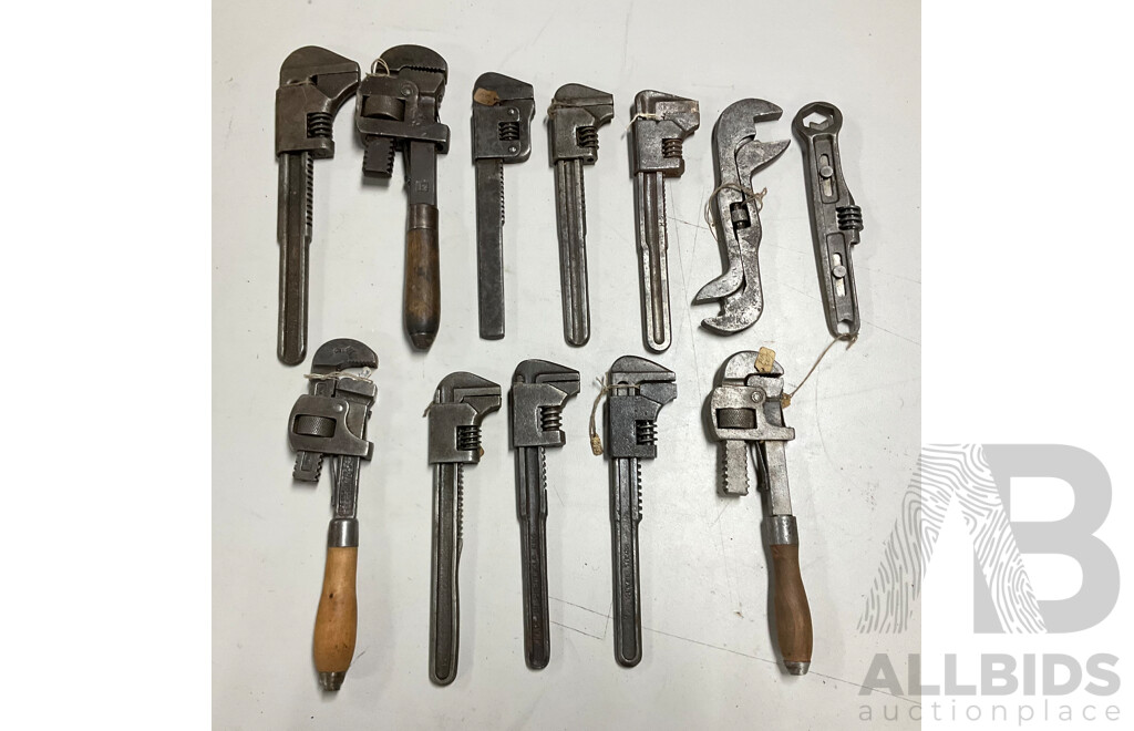 Collection of International Vintage Adjustable Wrenches Including Gordon Tools, Snail Brand - England, Eskilstuna - Sweden, Walworth MFG Co - USA and More