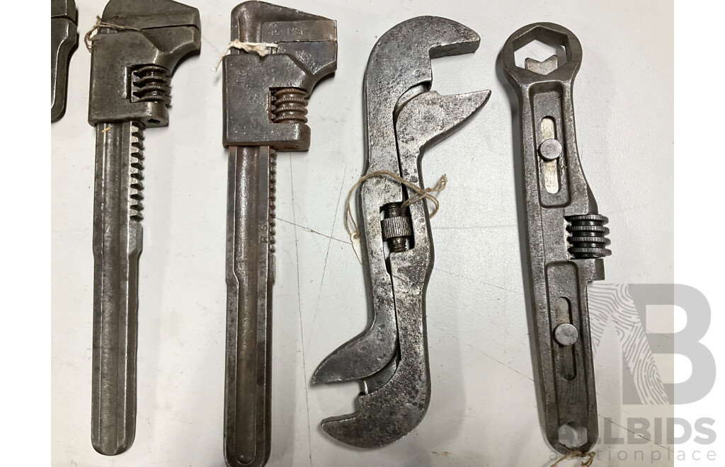 Collection of International Vintage Adjustable Wrenches Including Gordon Tools, Snail Brand - England, Eskilstuna - Sweden, Walworth MFG Co - USA and More
