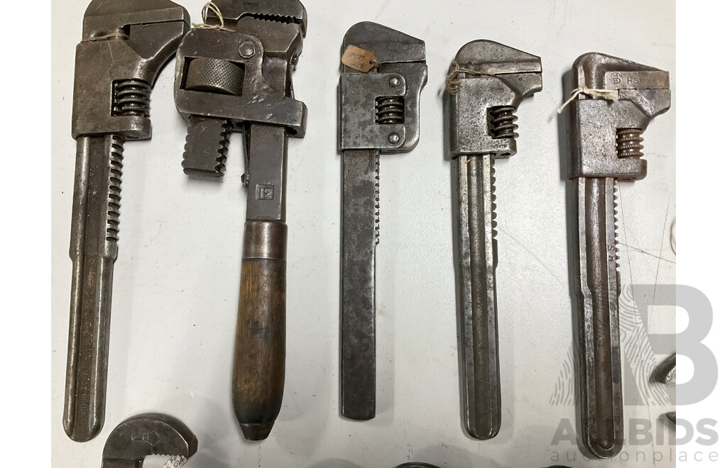 Collection of International Vintage Adjustable Wrenches Including Gordon Tools, Snail Brand - England, Eskilstuna - Sweden, Walworth MFG Co - USA and More