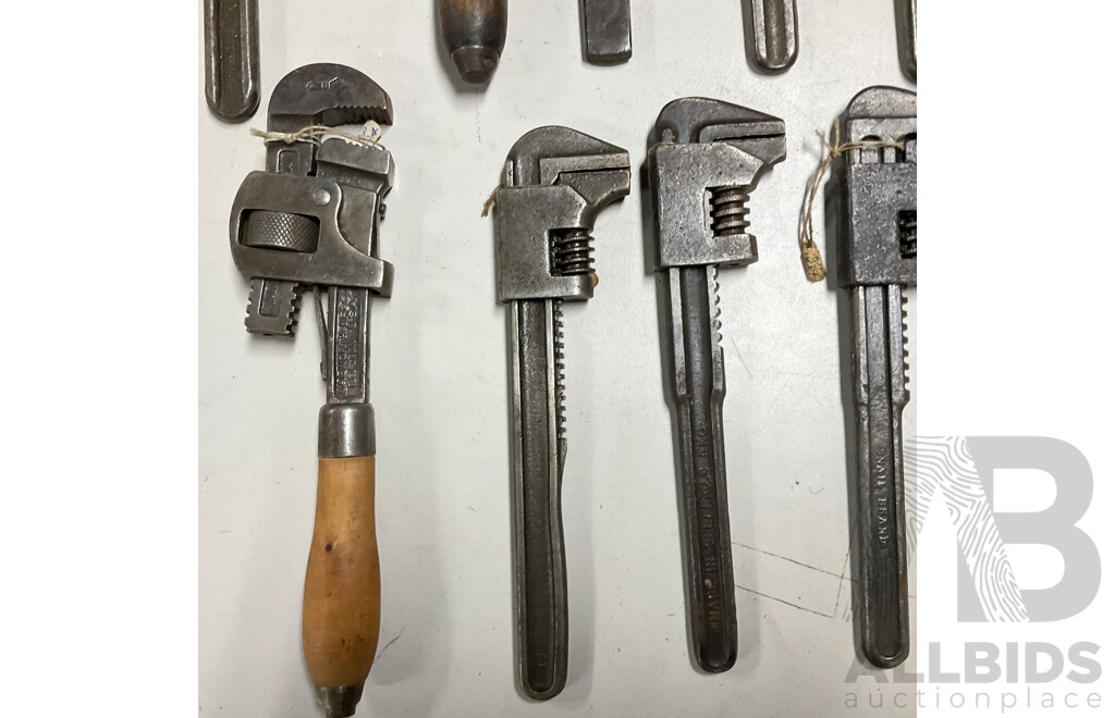 Collection of International Vintage Adjustable Wrenches Including Gordon Tools, Snail Brand - England, Eskilstuna - Sweden, Walworth MFG Co - USA and More