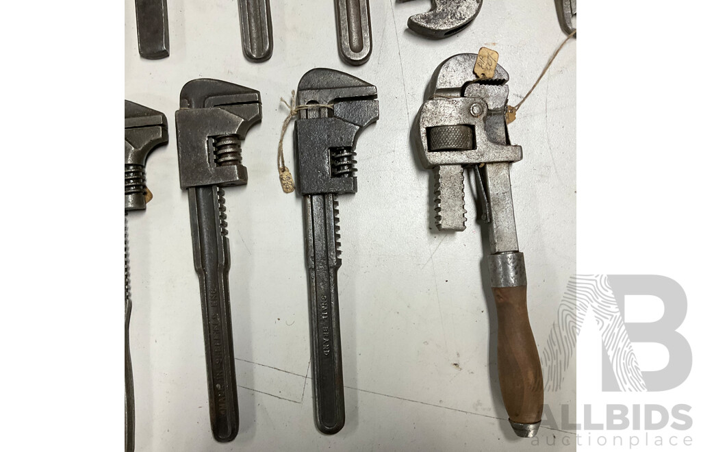 Collection of International Vintage Adjustable Wrenches Including Gordon Tools, Snail Brand - England, Eskilstuna - Sweden, Walworth MFG Co - USA and More
