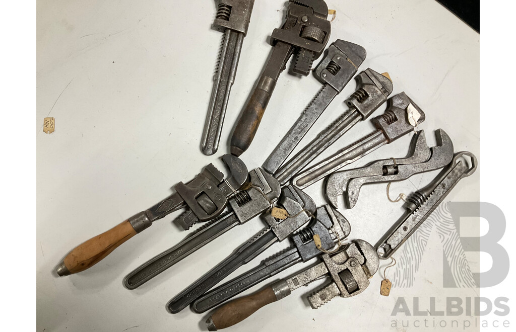 Collection of International Vintage Adjustable Wrenches Including Gordon Tools, Snail Brand - England, Eskilstuna - Sweden, Walworth MFG Co - USA and More