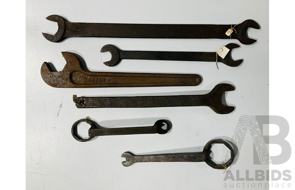 Six Large Cast and Forged Spanners Including International Harvester and Buggy Axel