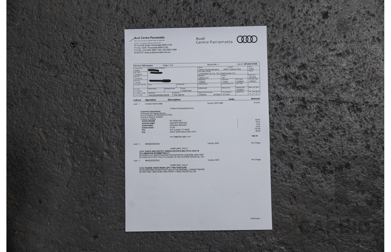 08/2021 Audi Q7 50 TDI S-Line Quattro (AWD) 4M MY21 4d Wagon Daytona Grey Pearl Turbo Diesel V6 3.0L - 48V Mild Hybrid