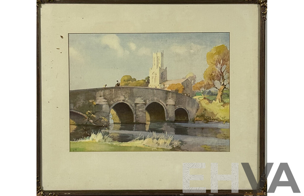 Frank Neville, Bridge and Church in Rural Setting, Reproduction Print of Original Watercolour, 51 X 58 cm (frame)