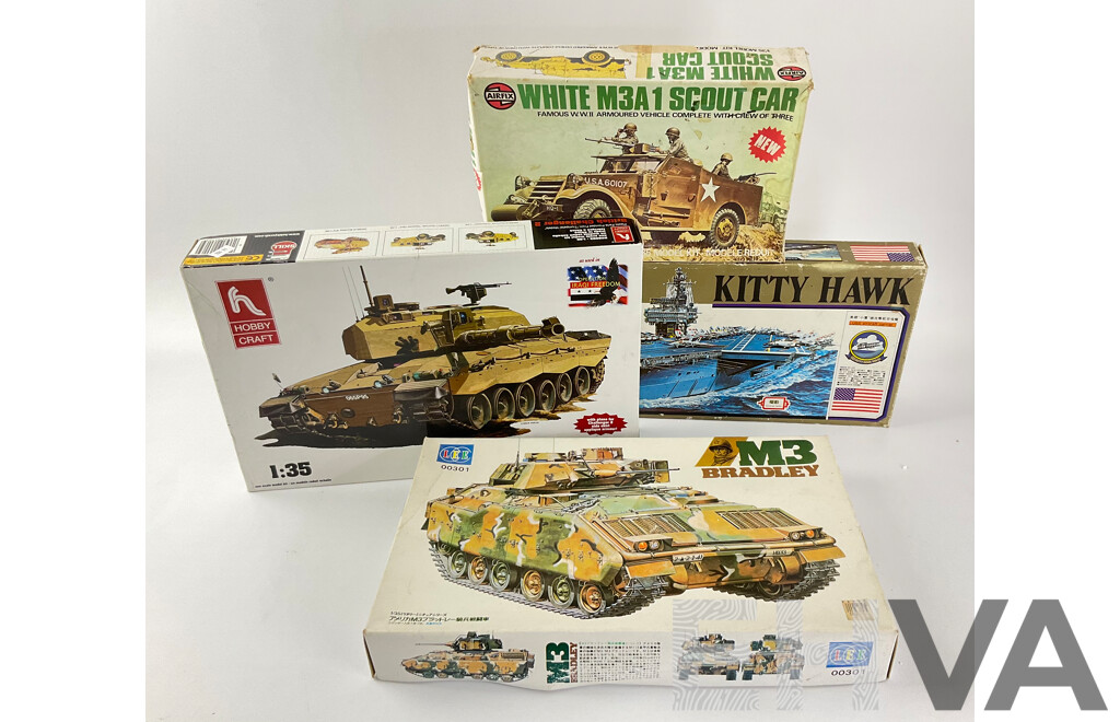 Four Plastic Military Model Kits Including Vintage Airfix Plastic M3A1 Scout Car 1:35 Scale, USS Kitty Hawk 1:800 Scale, LEE M3 Bradley Tank and British Challanger II 1:35 Scale