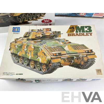 Four Plastic Military Model Kits Including Vintage Airfix Plastic M3A1 Scout Car 1:35 Scale, USS Kitty Hawk 1:800 Scale, LEE M3 Bradley Tank and British Challanger II 1:35 Scale