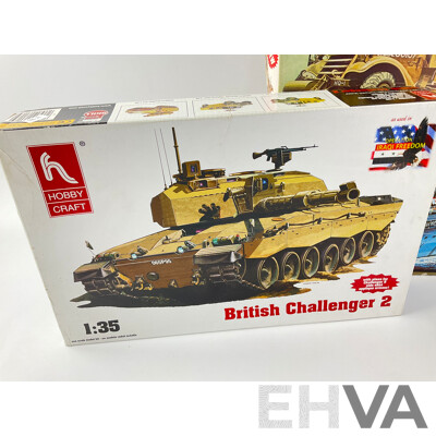 Four Plastic Military Model Kits Including Vintage Airfix Plastic M3A1 Scout Car 1:35 Scale, USS Kitty Hawk 1:800 Scale, LEE M3 Bradley Tank and British Challanger II 1:35 Scale