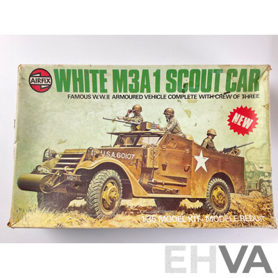Four Plastic Military Model Kits Including Vintage Airfix Plastic M3A1 Scout Car 1:35 Scale, USS Kitty Hawk 1:800 Scale, LEE M3 Bradley Tank and British Challanger II 1:35 Scale