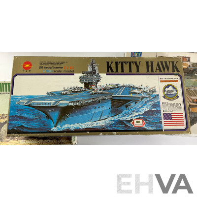 Four Plastic Military Model Kits Including Vintage Airfix Plastic M3A1 Scout Car 1:35 Scale, USS Kitty Hawk 1:800 Scale, LEE M3 Bradley Tank and British Challanger II 1:35 Scale