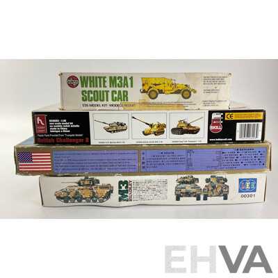 Four Plastic Military Model Kits Including Vintage Airfix Plastic M3A1 Scout Car 1:35 Scale, USS Kitty Hawk 1:800 Scale, LEE M3 Bradley Tank and British Challanger II 1:35 Scale