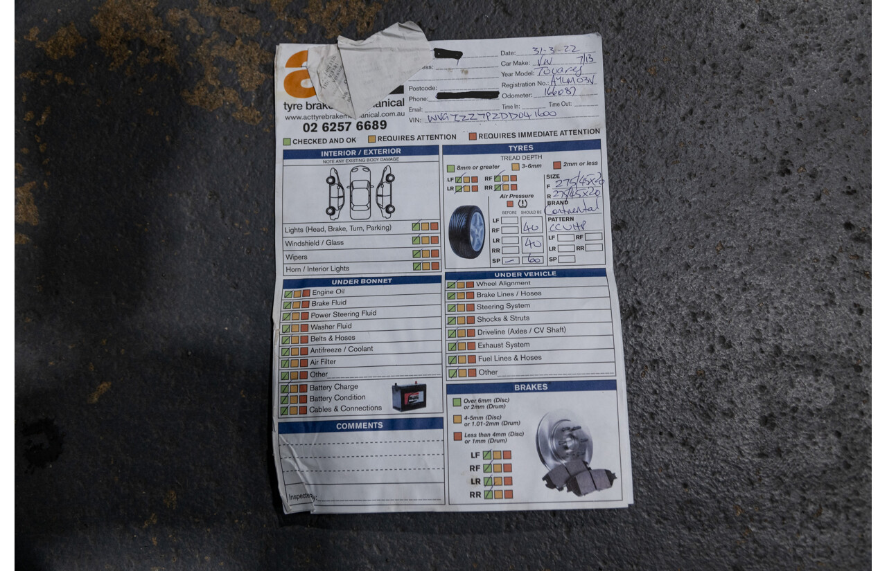 7/2013 Volkswagen Touareg V6 TDI (AWD) 7P MY13.5 4d Wagon Deep Black Pearl Turbo Diesel V6 3.0L