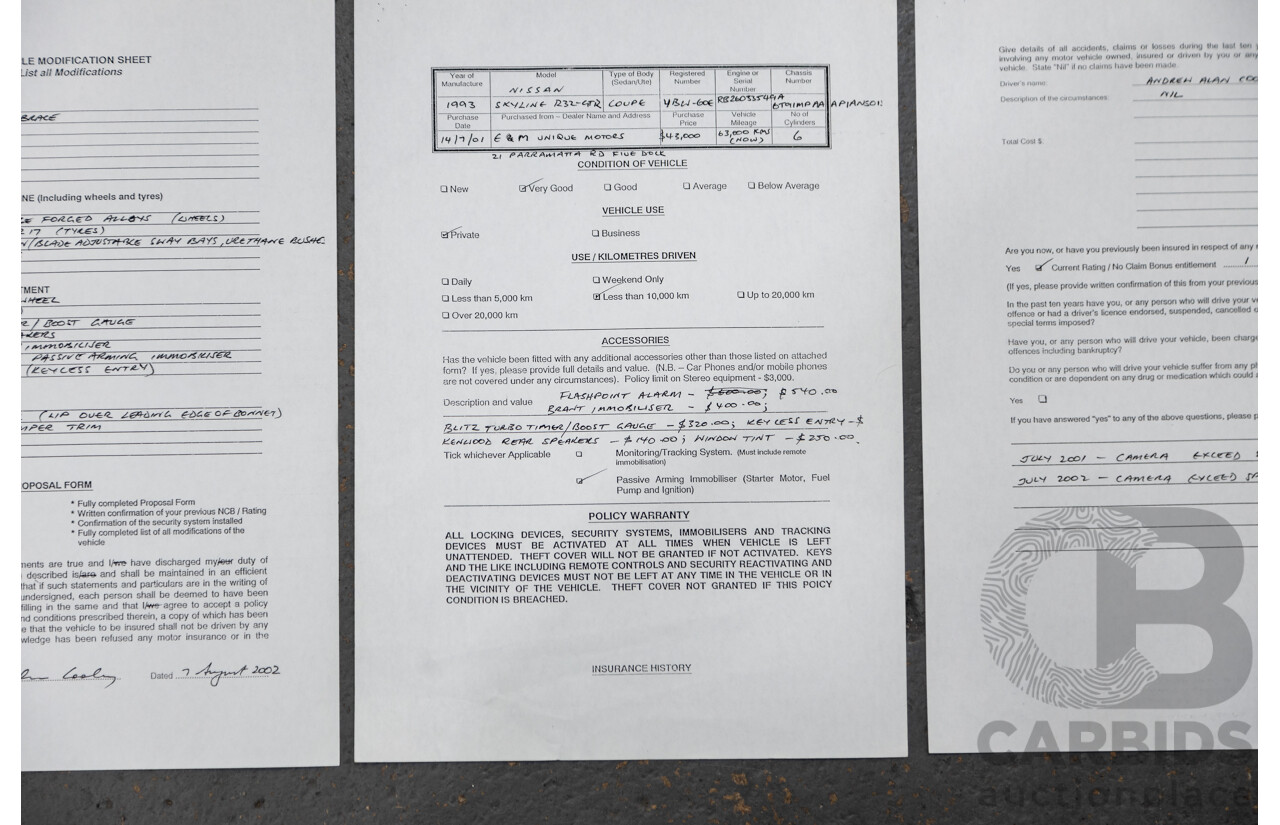 3/1993 Nissan Skyline R32 GT-R BNR32 Series 3 2d Coupe KL0 Spark Silver Metallic Twin Turbo 2.6L - 06/2001 Import