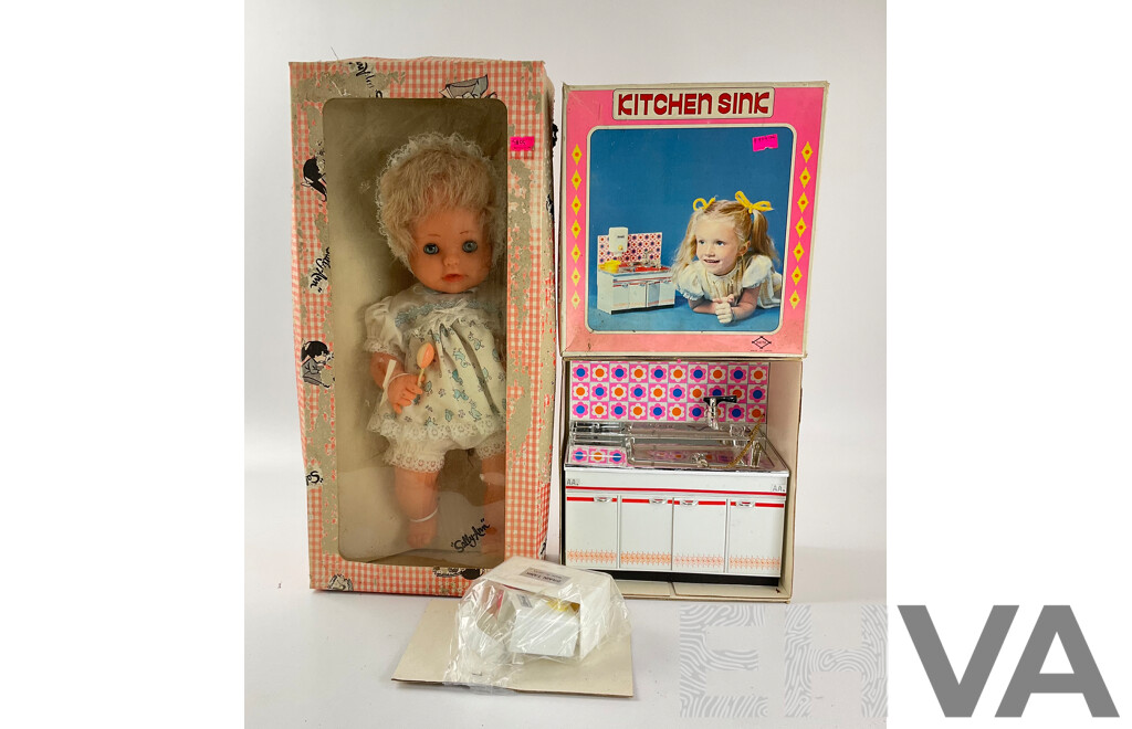 Vintage Sally Ann Doll with Matching Linen Set and Daiya Kitchen Sink in Original Boxes