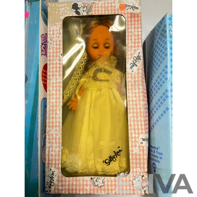 Vintage Sally Ann Doll and Children's Dress Up Clothes, Baby on Swing, Netta Doll and Kenbrite Fancy N Fresh Perfume Kit, All with Original Packaging