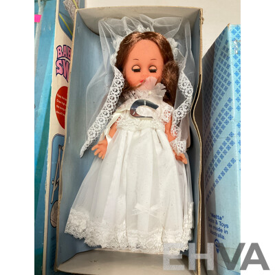 Vintage Sally Ann Doll and Children's Dress Up Clothes, Baby on Swing, Netta Doll and Kenbrite Fancy N Fresh Perfume Kit, All with Original Packaging