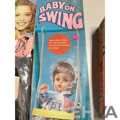 Vintage Sally Ann Doll and Children's Dress Up Clothes, Baby on Swing, Netta Doll and Kenbrite Fancy N Fresh Perfume Kit, All with Original Packaging