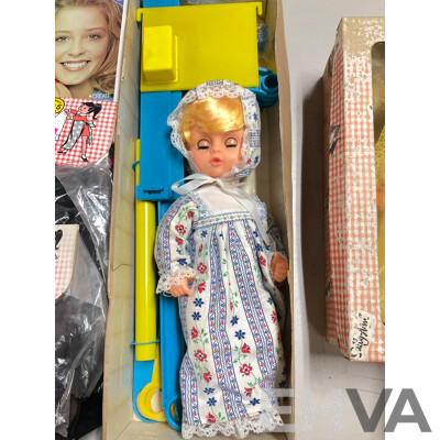 Vintage Sally Ann Doll and Children's Dress Up Clothes, Baby on Swing, Netta Doll and Kenbrite Fancy N Fresh Perfume Kit, All with Original Packaging