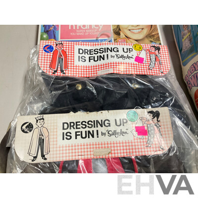 Vintage Sally Ann Doll and Children's Dress Up Clothes, Baby on Swing, Netta Doll and Kenbrite Fancy N Fresh Perfume Kit, All with Original Packaging