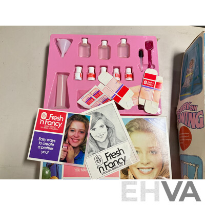 Vintage Sally Ann Doll and Children's Dress Up Clothes, Baby on Swing, Netta Doll and Kenbrite Fancy N Fresh Perfume Kit, All with Original Packaging