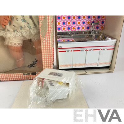 Vintage Sally Ann Doll with Matching Linen Set and Daiya Kitchen Sink in Original Boxes