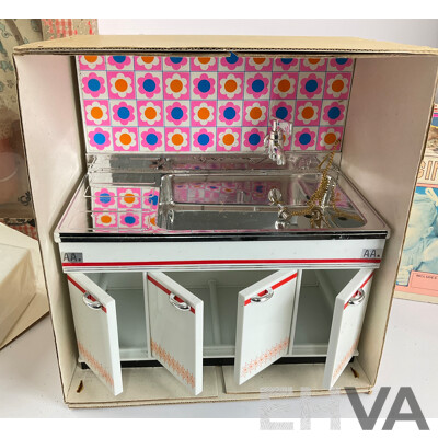 Vintage Sally Ann Doll with Matching Linen Set and Daiya Kitchen Sink in Original Boxes