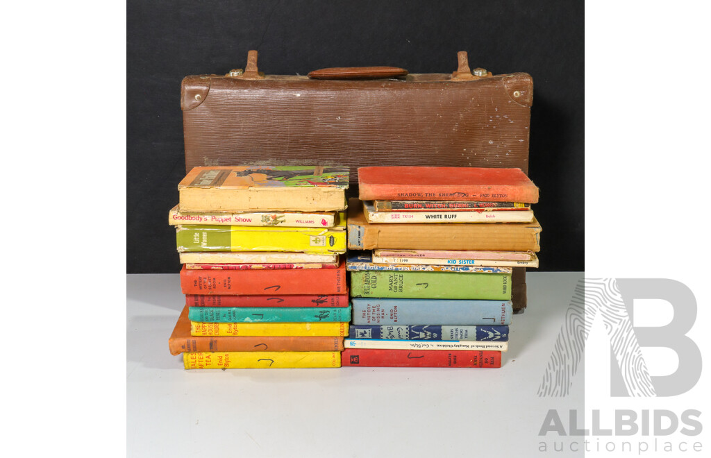 Vintage Suitcase Filled with Childrens Books Including Nine Early Enid Blyton Titles