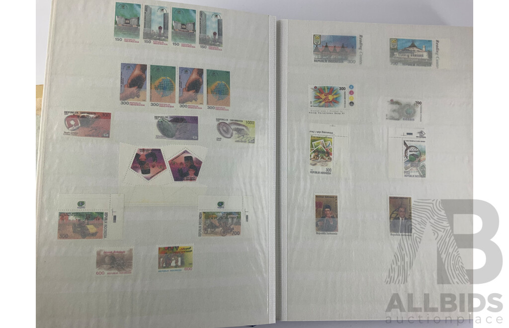 Album of International Stamps, Cancelled, Mintstrips, Blocks Including USA, Indonesia, India, Malta and More