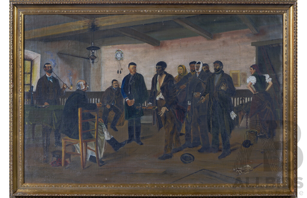 After Sandor Bihari, (Late 19th Century, Hungarian, 1856-1906), a Biró Elött (Before the Judge or Before the Magistrate), Reproduction by Unknown Artist of Original Oil on Board,