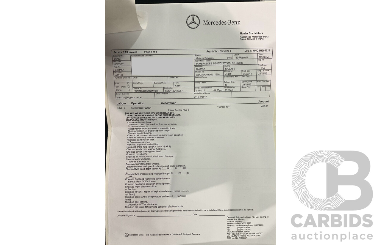 8/2014 Mercedes Benz C250 CDI Elegance W204 MY14 4d Wagon Magnetite Black Metallic Turbo Diesel 2.1L