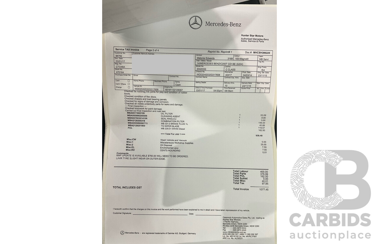 8/2014 Mercedes Benz C250 CDI Elegance W204 MY14 4d Wagon Magnetite Black Metallic Turbo Diesel 2.1L