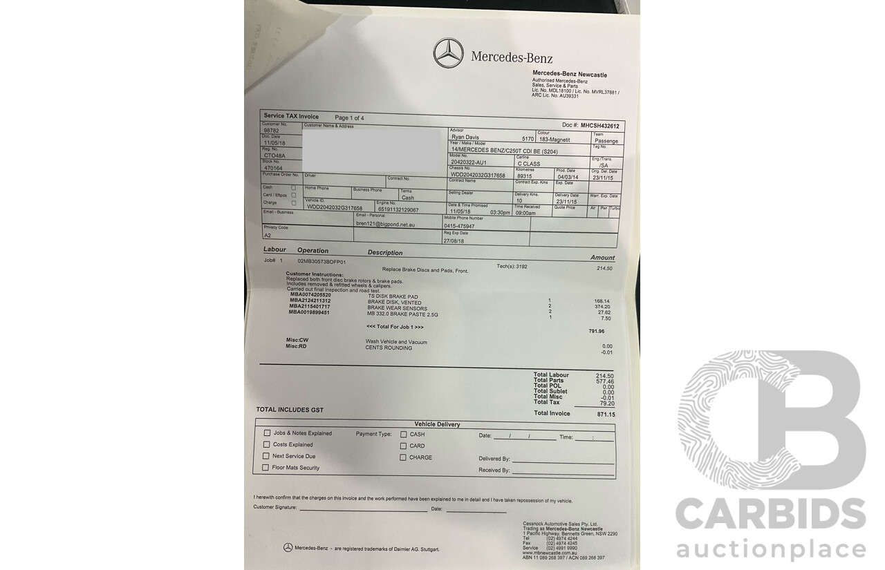 8/2014 Mercedes Benz C250 CDI Elegance W204 MY14 4d Wagon Magnetite Black Metallic Turbo Diesel 2.1L