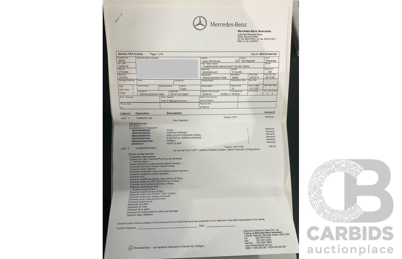 8/2014 Mercedes Benz C250 CDI Elegance W204 MY14 4d Wagon Magnetite Black Metallic Turbo Diesel 2.1L